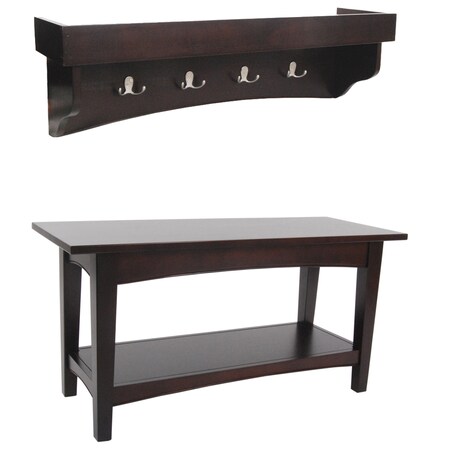 Alaterre Furniture Shaker Cottage Tray Shelf Coat Hook with Bench, Espresso ASCA0309P0